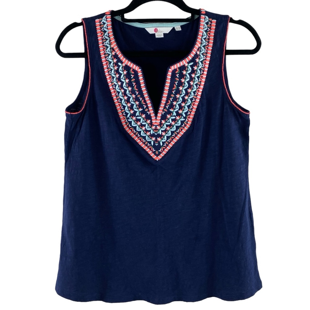 Boden Women’s Navy Blue Embroidery Embellished Notch Neck Top Tank Sz 4